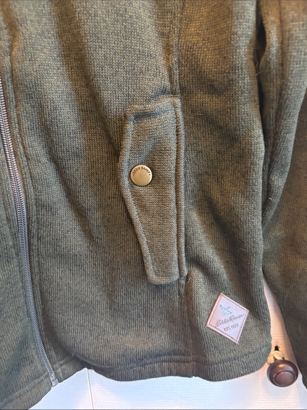Eddie Bauer Olive Green Quilted Fleece Jacket with Snap Hood - Picture 10 of 13